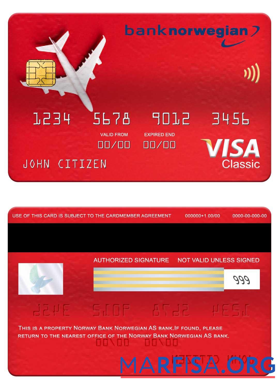 Blank Norway Bank Norwegian AS bank visa classic card sample